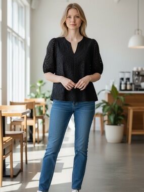 Banana Republic Black Eyelet V-Neck Puff Sleeve Top